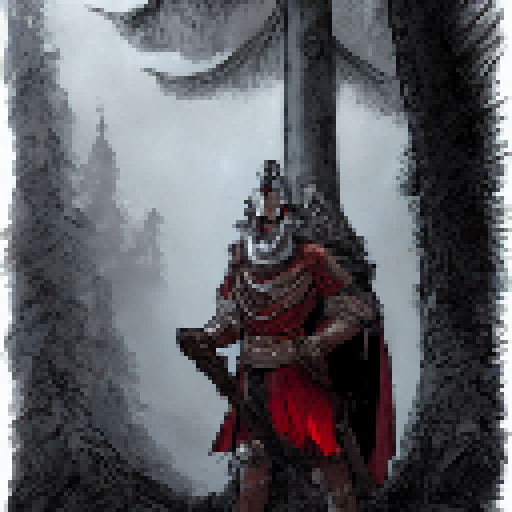 Gray-bearded warrior wielding a staff with red armor, standing in a dark, misty forest with twisted trees and glowing mushrooms; rendered in a gritty, high-contrast comic book style.