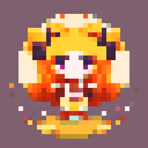 Create a 32x32 pixel art of a playful Kitsune girl, with nine fluffy tails, vibrant orange fur, wearing a traditional Japanese kimono with a cherry blossom pattern, and holding a fan with the image of a crescent moon, all in the style of retro pixel art.