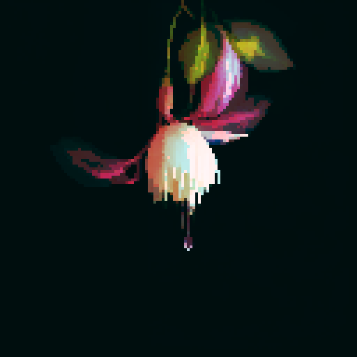 Fuchsia petals, vibrant and delicate, bloom in a pixelated landscape of blues and greens, with a serene background of a tranquil lake