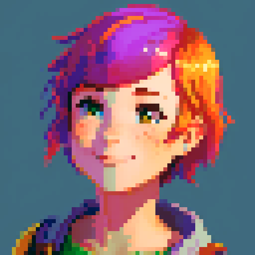 stardew valley-inspired, woman, pixel art, sRGB, vibrant colors, rustic backdrop, short colorful hair, glowing skin, gentle smile, freckles, rosy cheeks
