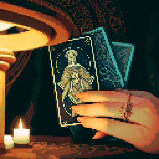 A close-up of a woman's hands over a table during a tarot card reading in a medieval dark style. The table is adorned with elements of the ocean such as sea shells, sand, and small pieces of coral. The atmosphere is mystical and dimly lit, with candlelight casting shadows that enhance the eerie and magical mood. The woman's hands are gracefully poised over the cards, which also have oceanic designs like waves and mermaids.