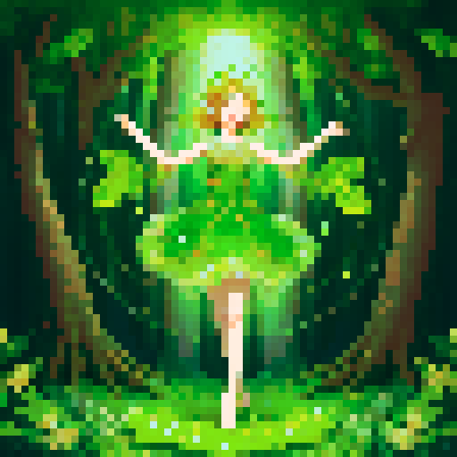 full body playful pose of a forest dryad with vibrant green foliage, shimmering ethereal glow, sparkling dewdrops on leaves, intricate bark patterns, and delicate petals floating in the air