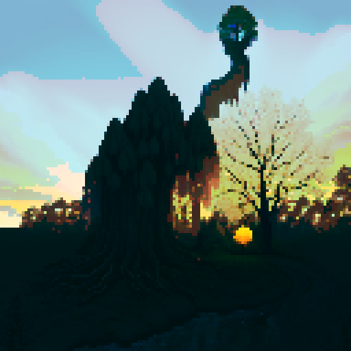 dark silhouette, pixel art, sRGB, mysterious moonlit forest, towering ancient trees, glowing orbs, ethereal mist, haunting shadows, shimmering reflections, enchanted atmosphere, surreal dream-like landscape
