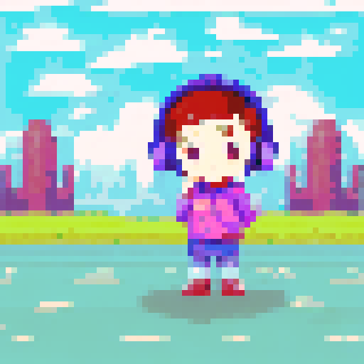 Chibi boy with rosy cheeks, wearing large headphones and a huge puffy jacket, looking from a highly detailed first person point of view, retro game style avatar