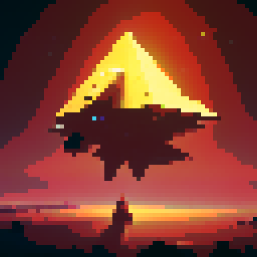 alien spaceship, triangular shape, top down view, vibrant colors, pixel art, glowing lights, metallic exterior, sleek design, futuristic aesthetic, retro-inspired, intricate details, geometric patterns, otherworldly presence, sci-fi atmosphere, red