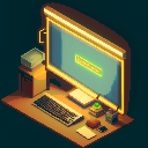 pixelated computer monitor, cluttered desk with stacks of papers, retro office chair, vintage typewriter, neon sign flickering "work hard", coffee mug with pencil sticking out, window with city skyline, fluorescent lights, filing cabinet with open drawers, sticky notes covering the walls, pixelated co-workers chatting by the water cooler, pixel art motivational posters