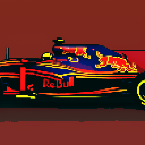 Red bull formula 1 car, full car in view, side profile, red background, close up