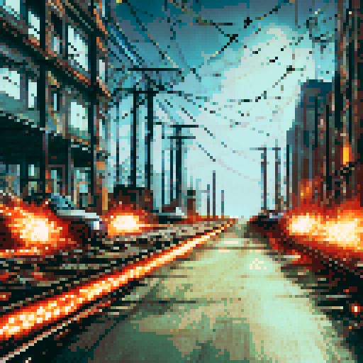 A malfunctioning factory battlefield with a first-person perspective. The metallic floor is covered in debris and loose wires sparking with electricity. Dangling cables emit bright sparks and electrical arcs, creating a chaotic, industrial atmosphere. Subtle steam and smoke rise from broken pipes, while dim industrial lighting and shadows enhance the tension. The scene features a clear foreground for battles, with layered machinery and sparking wires in the background.
