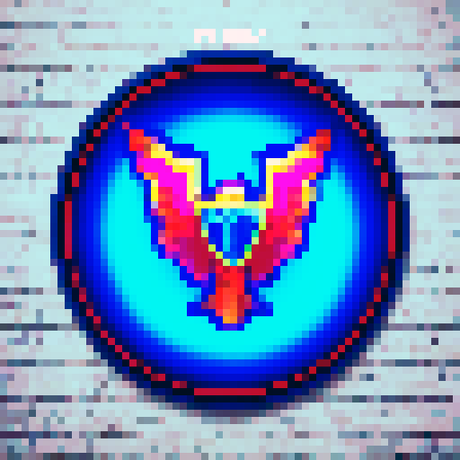 Futuristic, robotic eagle head, hovering above a neon-lit cityscape, emblazoned on a circular, metallic badge
