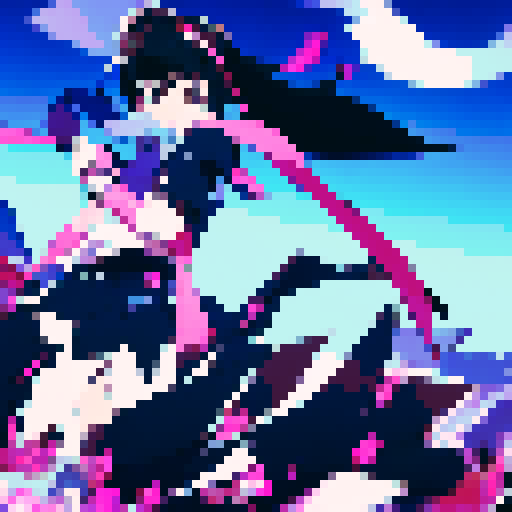 Black-haired, white-skinned girl with piercing red eyes elegantly dances through the air, rapier glinting in the moonlight, surrounded by swirling cherry blossom petals in a breathtakingly beautiful anime-style scene