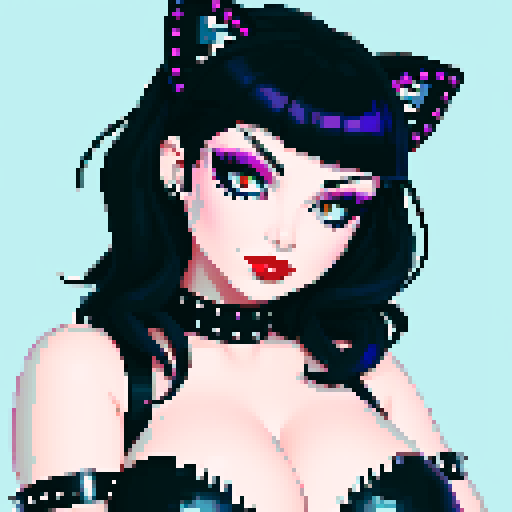 Goth woman, curvy, cute goth cat girl face, black hair, purple eyeshadow, red lipstick, studded leather, woman face portrait, glamour shot, vibrant sRGB colors, pixel art