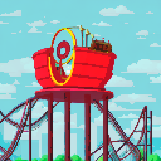 Amusement park, vibrant roller coasters, whimsical carousels, towering ferris wheels, sRGB colors, pixel art