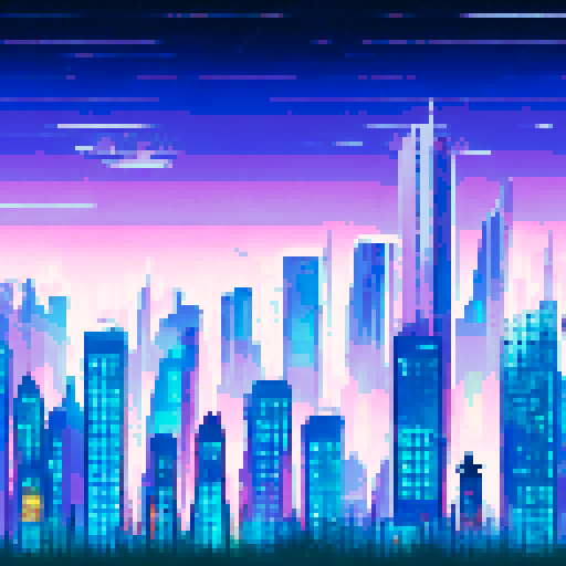 distant city lights twinkling in the night, towering skyscrapers against a starry sky, forested cliffside framing the scene, pixelated art style creating a vibrant sRGB background