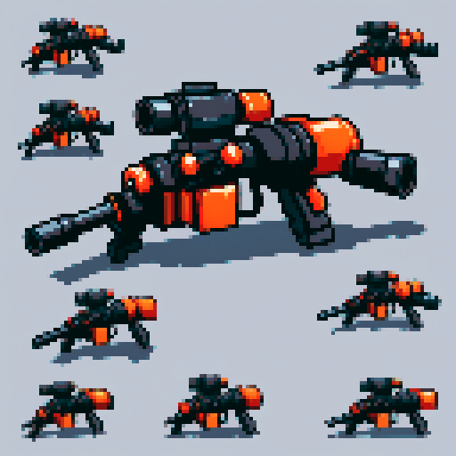I want to see a minigun with 8 barrels floating in the center of the frame. It should have strange mechanical details that could interlock with others. I want this object usable an asset in a videogame, meaning only one object per image, outlined with a strong black stroke, on a solid-color background. 
