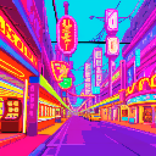 Neon-lit casino street, bustling with pixelated characters, vibrant sRGB colors illuminating the background landscape