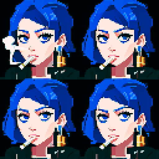 Blue haired 90s pop girl, smoking a cigarette, downtown, in the rain, gritty