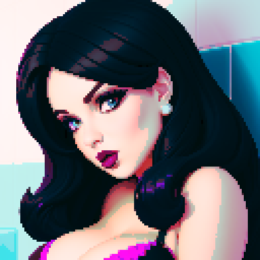 curvy, busty goth girl, face portrait, close up, glamour shot, leather bikini, modern tile backsplash, vivid colors, pixel art, sRGB