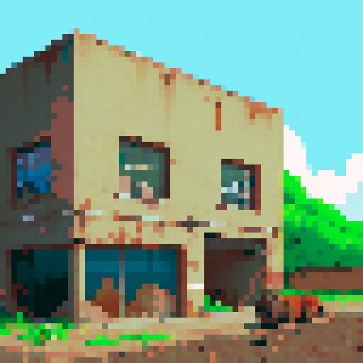 worn and weathered, industrial excavation building, rusty metal beams, cracked concrete walls, broken windows, pixel art