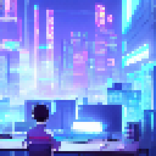 Neon-lit cityscape looms behind a cyberpunk hacker, stylized in anime, as they type furiously on a glowing keyboard, surrounded by holographic screens and wires.