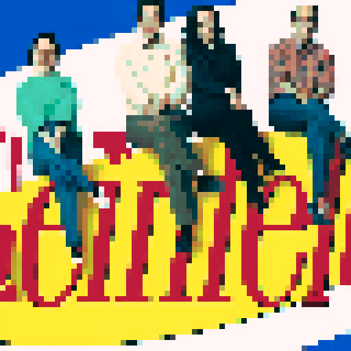 Seinfeld logo, retro-themed, vibrant colors, pixelated characters, iconic apartment building, vintage TV set, pixel art