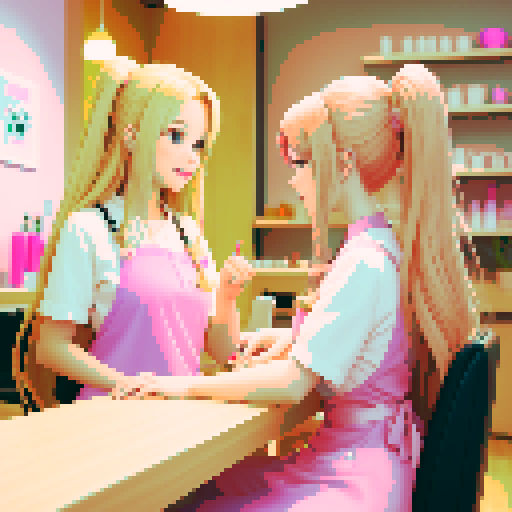 A nail tech with long blonde hair wearing a pink apron and a girl with brown hair facing each other at a table in a nail salon.