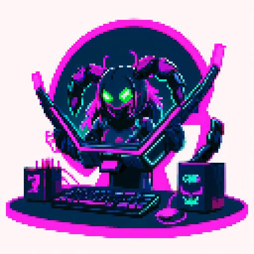 cute cyberpunk scorpion with human head, human head is from anime inspired character with vibrant hair, expressive eyes, and a playful smile, scorpion is playing computer games, tables with potato chips and coca cola, scorpion's tail should be fully in the picture