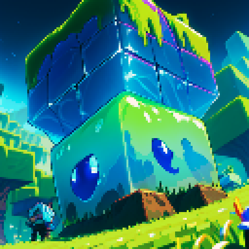 Blue Slime cube, Gelatinous cube, giant Slime, boss fight, grasslands, terraria, minecraft