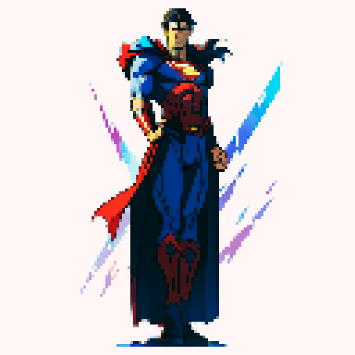 pixelated Superman flying through a vibrant, retro cityscape with bold, primary colors and clean, sharp lines