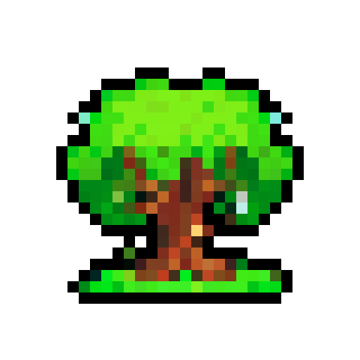 medium-sized, vigilant Grove Guardian with smooth bark, vibrant green leaves, sturdy trunk, protective vines, glowing blue eyes radiating calm and watchfulness, alert and determined expression, flowering plants growing along limbs, pixel art, sRGB