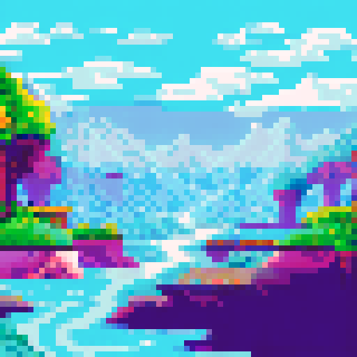 Snow-capped peaks tower over a serene valley, filled with vibrant green trees and a sparkling river, all rendered in a stunningly detailed pixel art style with an sRGB color space