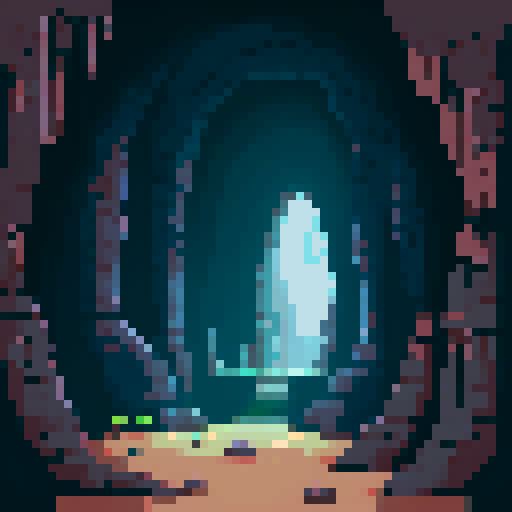 Dark, damp cave with uneven walls and stalactites, ancient inscriptions and drawings on the walls, deep rock extension, faint light revealing hidden tunnel, pixel art, sRGB