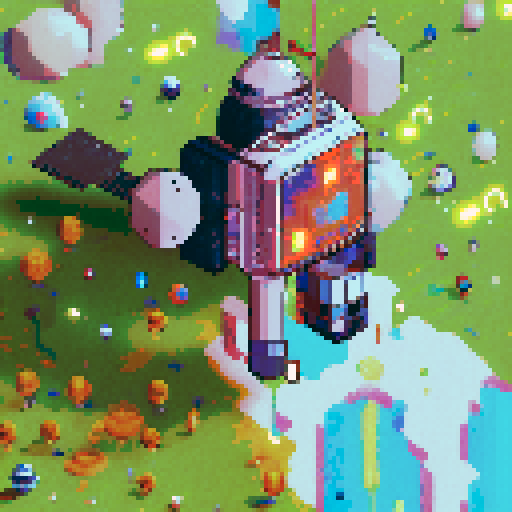 Create a pixel art comic scene featuring a heroic astronaut fighting off a swarm of giant, neon-colored space bugs in the vacuum of space.