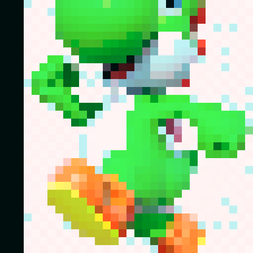 Yoshi, game icon, 32x32 pixel art, sRGB, skill art, close up, portrait, vibrant green, cute,friendly smile animated expression, pixelated shading, bouncy demeanor, playful pose, iconic saddle, whimsical charm