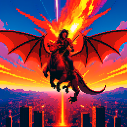 A rock guitarist riding a dragon, flying through a fiery sky above a futuristic city, brandishing his guitar like a sword