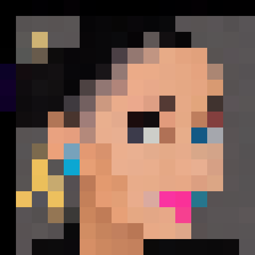 Ariana Grande's close-up pixel art portrait as a game icon, featuring her signature high ponytail, bold cat-eye makeup, and glittery microphone.
