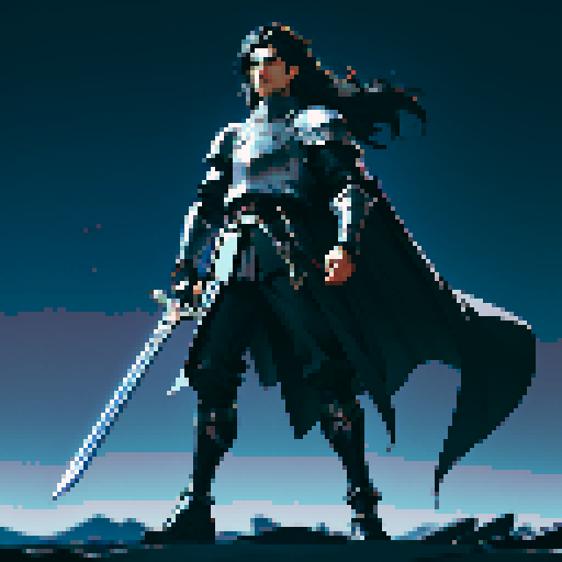 full-body image, male knight, man in black armor, giant sword, long black hair, sexy, male dark knight, giant sword, huge long sword, long hair, facing left, ready to fight, very long sword