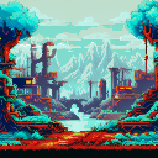 post-apocalyptic city, hidden in the woods, vibrant pixelated colors, atmospheric landscape, abandoned machinery, rusted pipes, overgrown vines, decaying buildings, shattered windows, eerie silence, nature reclaiming