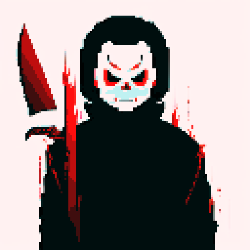 Michael Myers, dark silhouette, looming presence, blood-red eyes, pixelated horror, sRGB color palette, chilling atmosphere, knife-wielding figure
