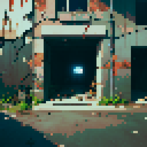 worn and weathered, industrial excavation building, rusty metal beams, cracked concrete walls, broken windows, pixel art