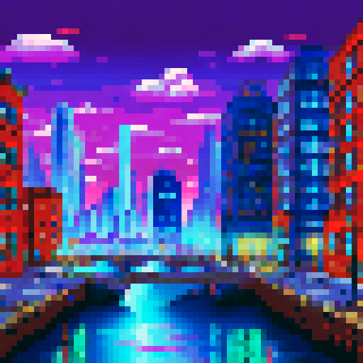 city view, by the water, by night