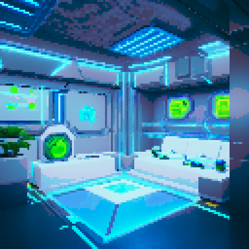 A futuristic indoor battleground with a clean, glossy floor in the foreground, angled slightly upward to provide depth. The bottom-left corner is clear and open for a player's view, while the middle-right showcases sleek metallic walls, glowing blue neon lights, and reflective glass panels. The environment is brightly lit, with symmetrical structures and a high-tech, enclosed feel designed for character placement and balanced combat visuals.