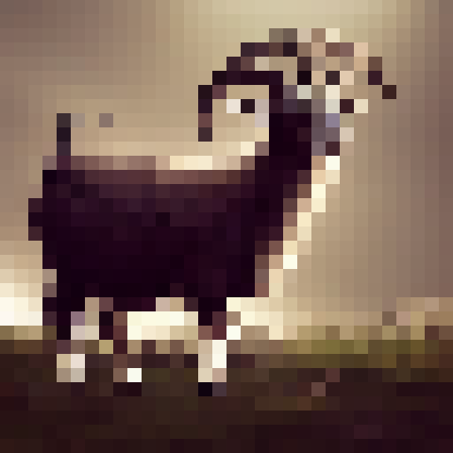 Goat, with shaggy fur and curved horns, stands confidently in front of towering speakers