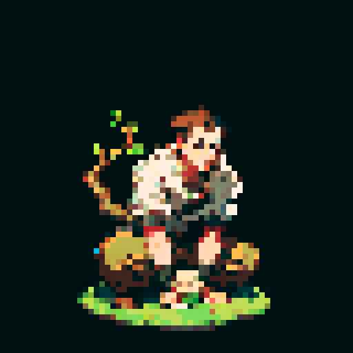 wooden monkey, squatting on the ground, holding a branch, mechanical features, pixel art, sRGB