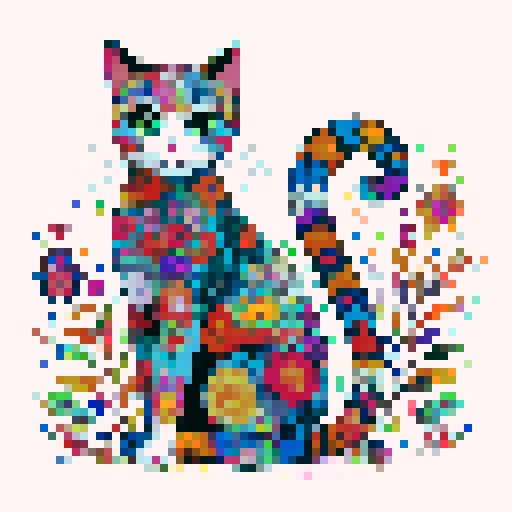 sitting, very colorful cat, with dots, flowers, patterns, fantasy style, white background