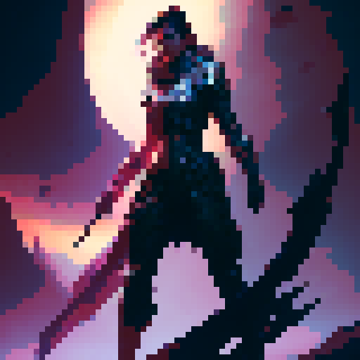 female swordsman, tall and confident, wielding a gleaming sword, standing defiantly before a towering, otherworldly space monster, its grotesque form shrouded in darkness, a scene straight out of a captivating fantasy RPG like Phantasy Star