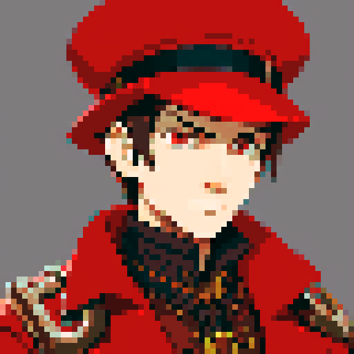 steampunk young man, red coat, red hat, 2D game stance, pixel art, sRGB