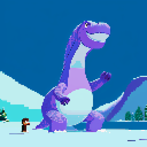 Large purple smiling loch ness dinosaur, frozen lake, winter, monkey on top