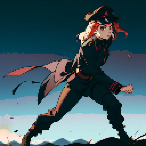 full-body image, military general woman, black uniform, black hat, evil, facing left, ready to fight, war background, battlefield, warfare