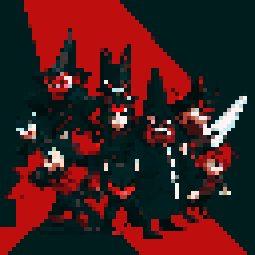 With a background of red and black, three villain faces, one a shark, one a rat, and one a fox, and their troop ready for war at the bottom of the image.
