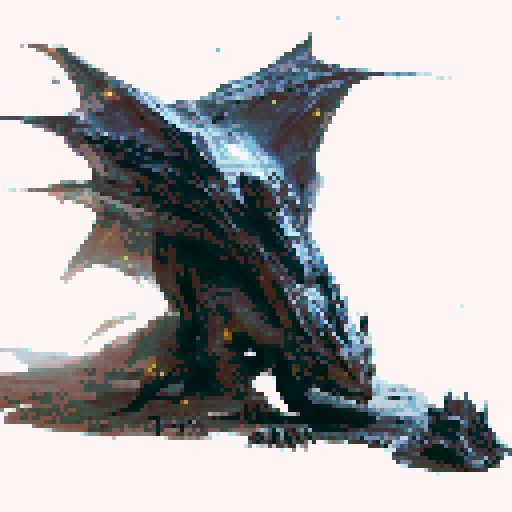 Large prowling black dragon with large stretched wings, a long tail, head resting on the ground, dark fantasy